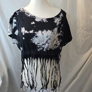 American Age Black/white Tie-dye Crop Top Fringe Crochet Hem Grunge Festival L